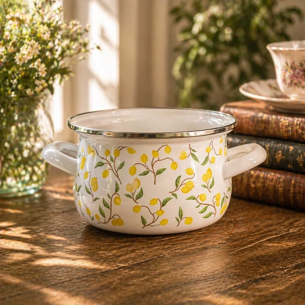 Crofton Enameled Steel Casserole‎ Dish Lemon Pattern Oven Safe 500F White Yellow